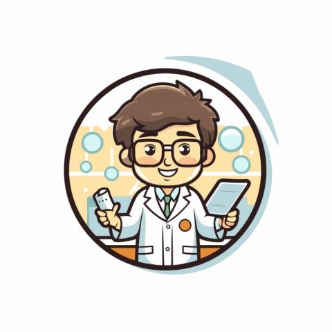 Vector illustration of a cartoon scientist holding a tablet in h