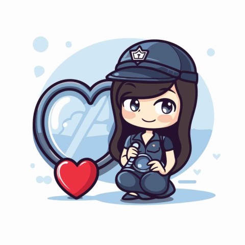 Cute little girl in police uniform with heart. Vector illustrati