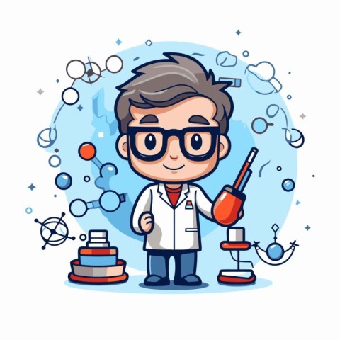 Scientist boy cartoon character with science equipment. Vector i