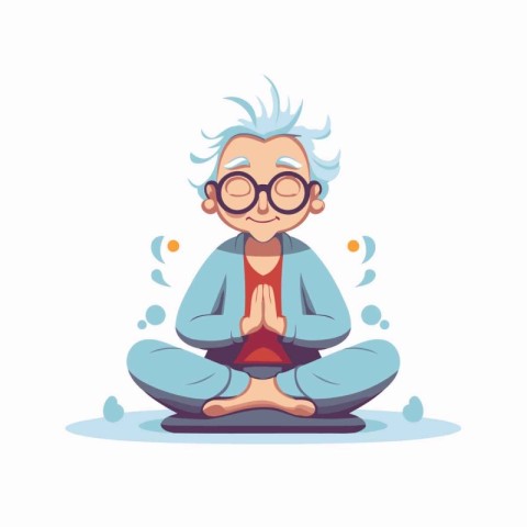 Vector cartoon illustration of old man meditating in lotus pose.