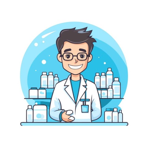 Cartoon man pharmacist in a drugstore. Vector illustration.