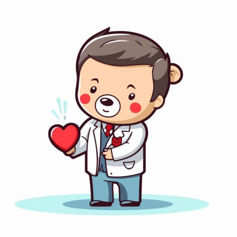 Cute boy doctor with a red heart. Vector character illustration.