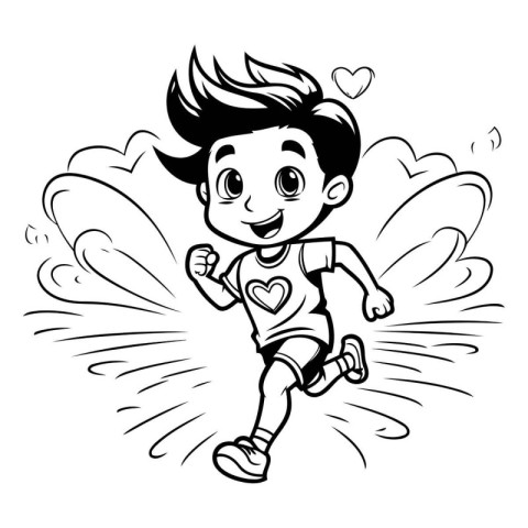 Cartoon illustration of a boy running in the sky with a heart