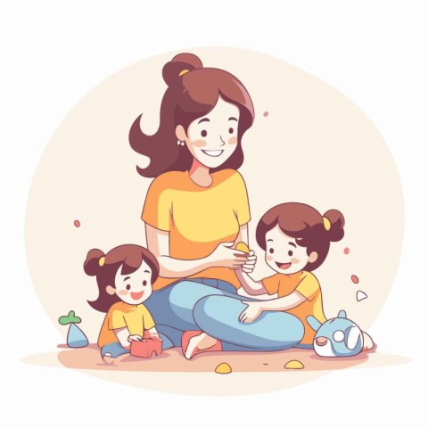 Mother and children playing with toys. Vector illustration in ca