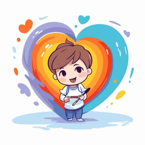 Cute little boy with heart. Vector illustration in cartoon style