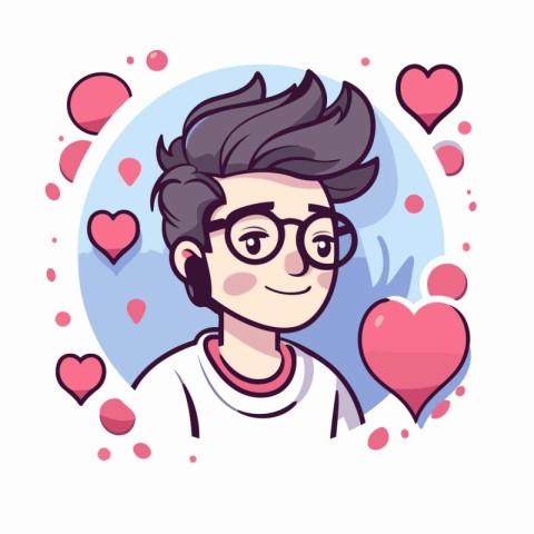 Vector illustration of a young man with glasses and hearts aroun