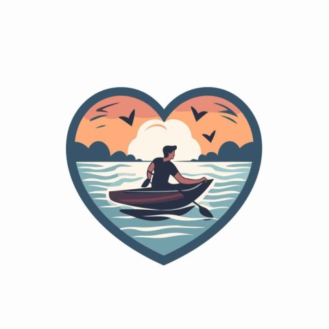 Vector illustration of a man in a canoe in the shape of a heart.