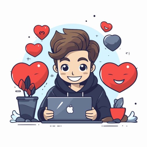 Cute boy with laptop and hearts around him. Vector illustration.