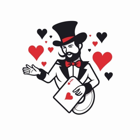 Vector illustration of a magician holding a card with hearts aro