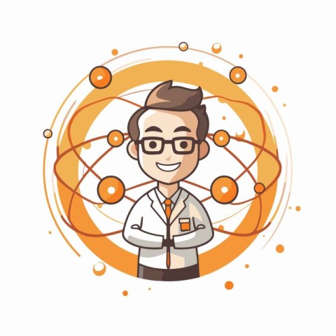 Scientist and atom icon. Vector illustration in a flat style.