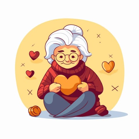 Elderly woman with a heart in her hands. Vector illustration.