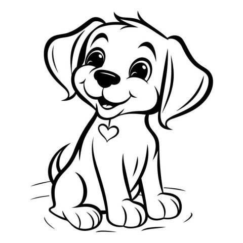 Cute Puppy - Black and White Cartoon Illustration. Vector