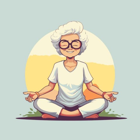 Elderly woman sitting in lotus position. Vector illustration.