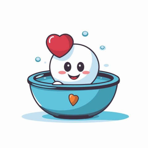 Cute ice cream ball with red heart in blue bowl. Vector illustra