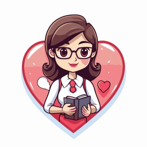 Cute cartoon school girl with book and heart. Vector illustratio