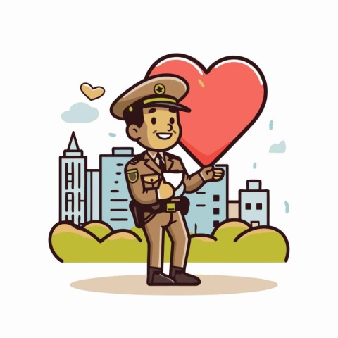 policeman with heart in the city. cartoon vector illustration.