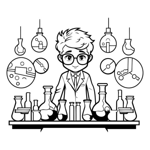 Scientist in laboratory. Black and white vector illustration for