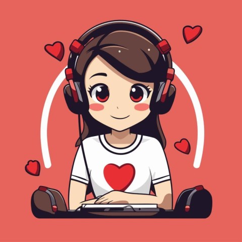 Cute girl with headphones playing video games. Vector cartoon il