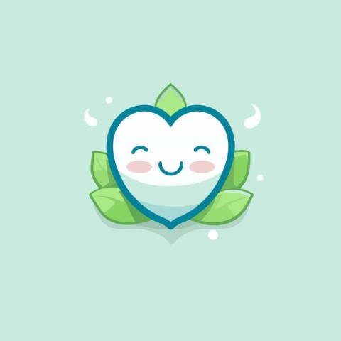 Cute heart character with green leaves. Flat design. Vector illu