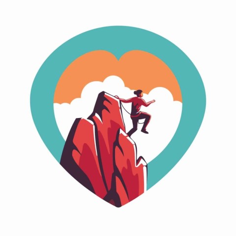 Vector illustration of a man climbing on a mountain top with a r