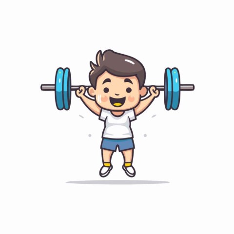 Fitness boy lifting barbell cartoon doodle vector illustration.