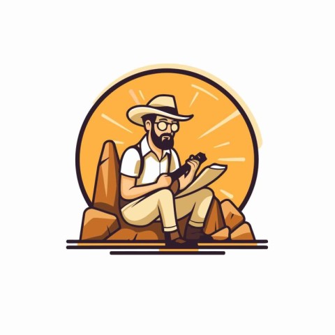 Cartoon illustration of a cowboy sitting on a rock with a map in