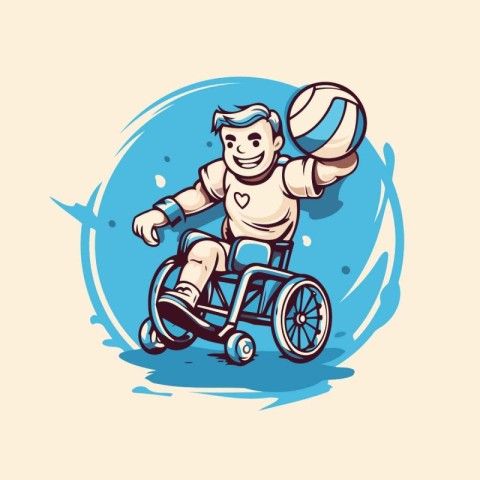 Disabled man in a wheelchair playing volleyball. Vector illustra