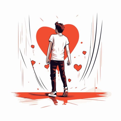 Vector illustration of a young man standing in front of a red he