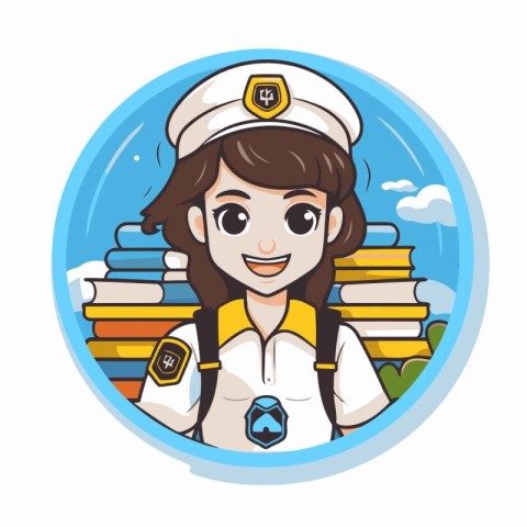 Nurse with stack of books in the circle. Vector illustration.