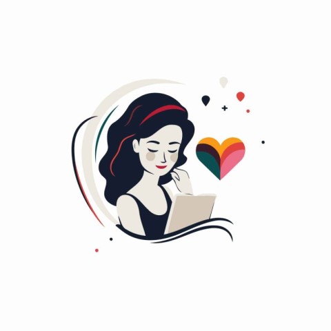 Vector illustration of a beautiful woman with a laptop and a hea