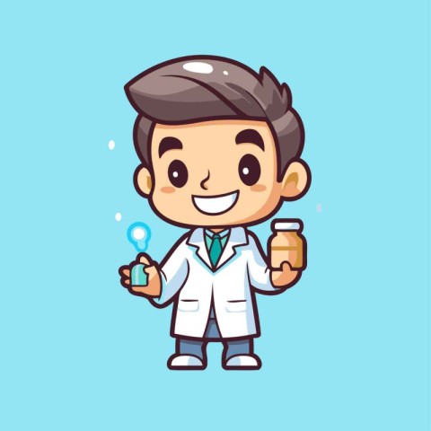 Cute Doctor Cartoon Character With Bottle Of Medicine Vector Ill