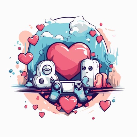 Vector illustration of cute cartoon robot with hearts. Valentine