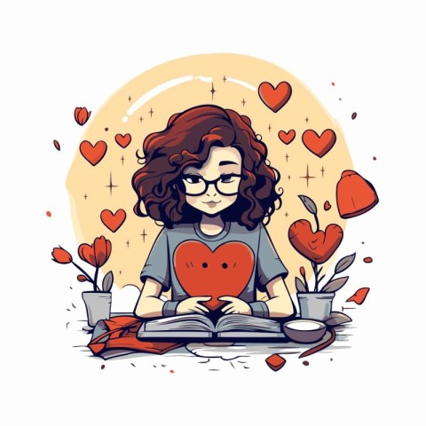 Vector illustration of a girl reading a book with hearts around