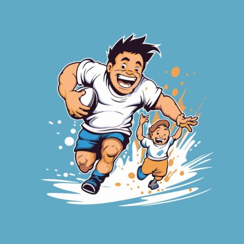 Father and son running and jumping. Vector illustration in carto