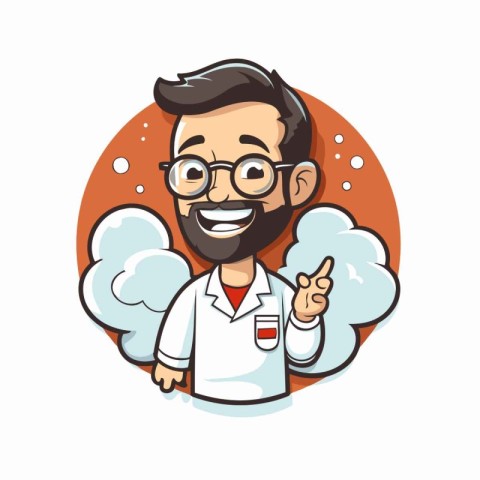 Hipster man wearing lab coat and glasses with beard. Vector illu