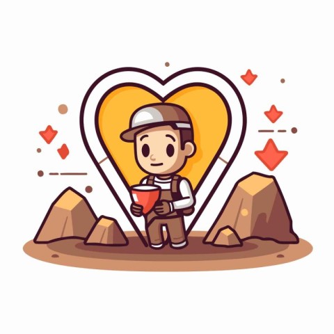 Cartoon character miner with a cup of coffee. Vector illustratio