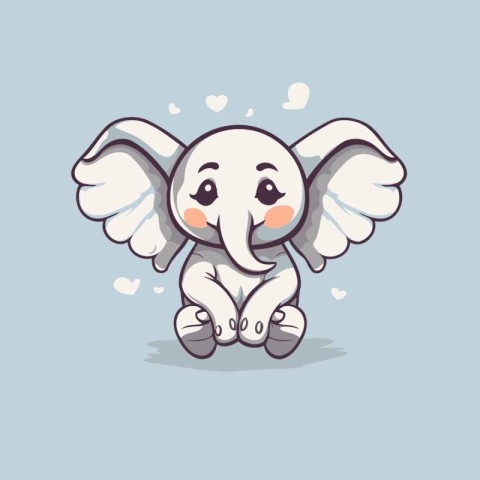 Cute cartoon elephant with wings and hearts. Vector illustration