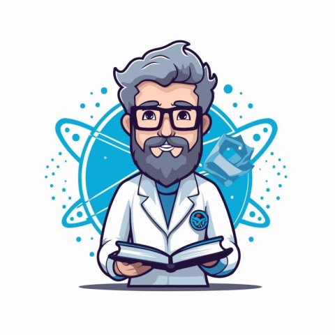 Scientist cartoon character with book and atom. Vector illustrat