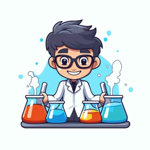 Scientist boy cartoon character with science equipment vector il