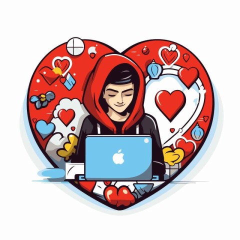 Young man with laptop in heart shape. Vector illustration in car