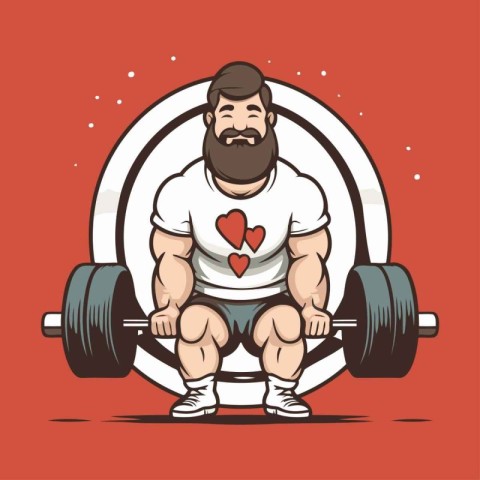 Fat man with a beard and mustache lifting a barbell. Vector illu