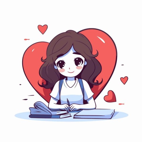 Cute cartoon girl with book and red heart on white background.