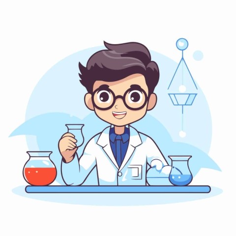 Scientist in lab coat and glasses holding flask with chemical re