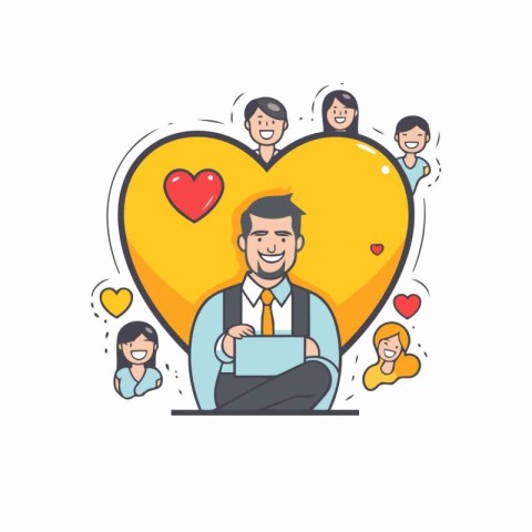 Vector illustration of happy man sitting in front of a big heart