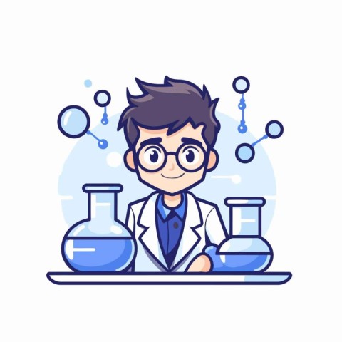 Scientist in lab coat and glasses. Vector illustration in flat s