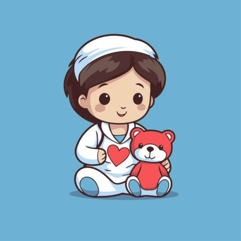 Nurse with teddy bear. Cute cartoon vector illustration.