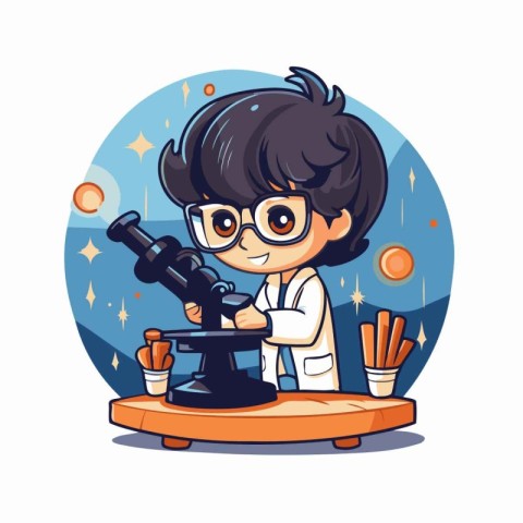 Cartoon boy scientist with microscope in the laboratory. Vector