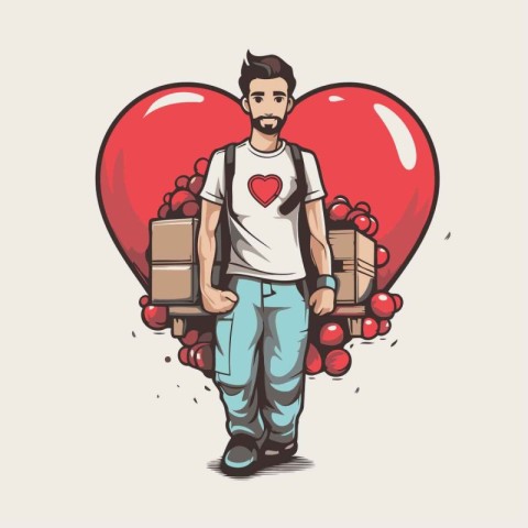 Vector illustration of a man with a gift box and a heart.