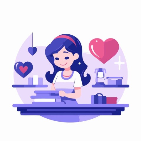 Girl cooking in kitchen. Colorful flat vector concept illustrati