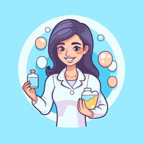 Cartoon woman doctor holding a bottle of pills. Vector illustrat